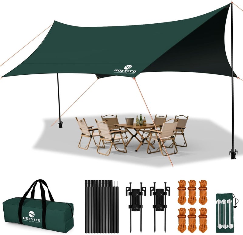 HOEYITO Camping Tarp with Poles & Retainer,15x12.5FT Large Waterproof 210D Oxford Cloth Camping Canopy, Anti-UV UPF100+ Tent Tarp for Outdoor, Picnic, Car, Hammock, Backpacking (Green-Black) - Image 1
